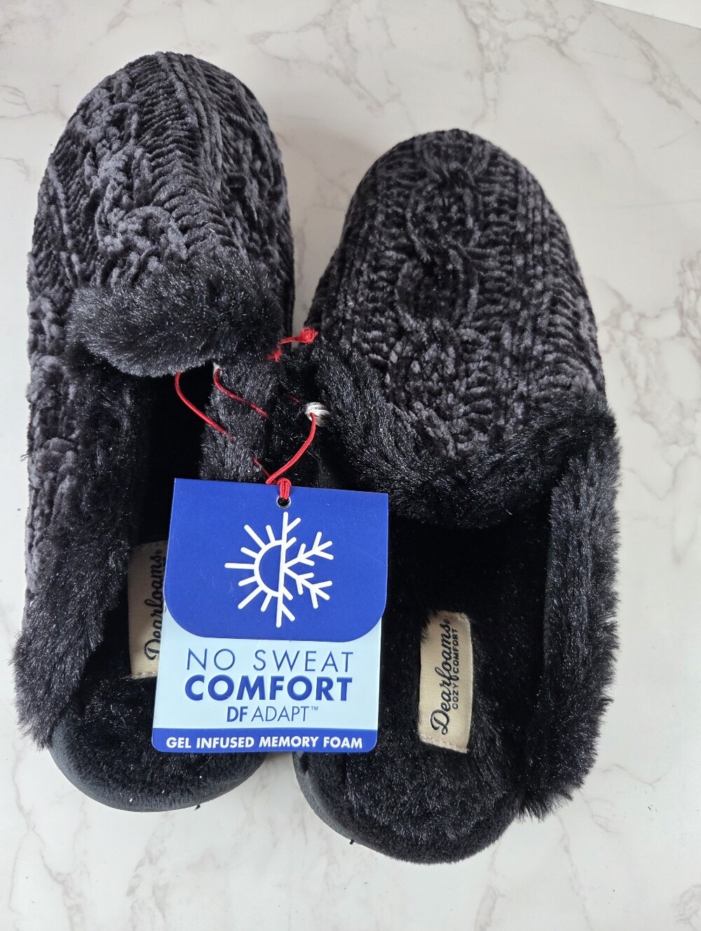 dearfoams Women's Black Cable-Knit Faux Fur Lined Slippers(B106)